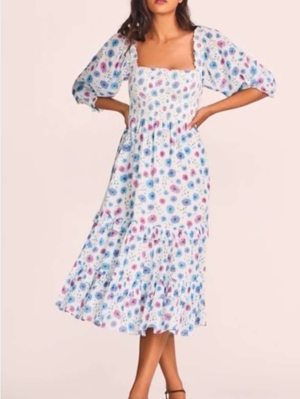 LoveShackFancy White Midi Dress with Blue and Pink Floral Print